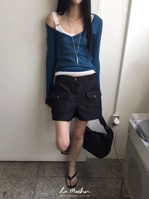 方口袋牛仔條紋短褲
